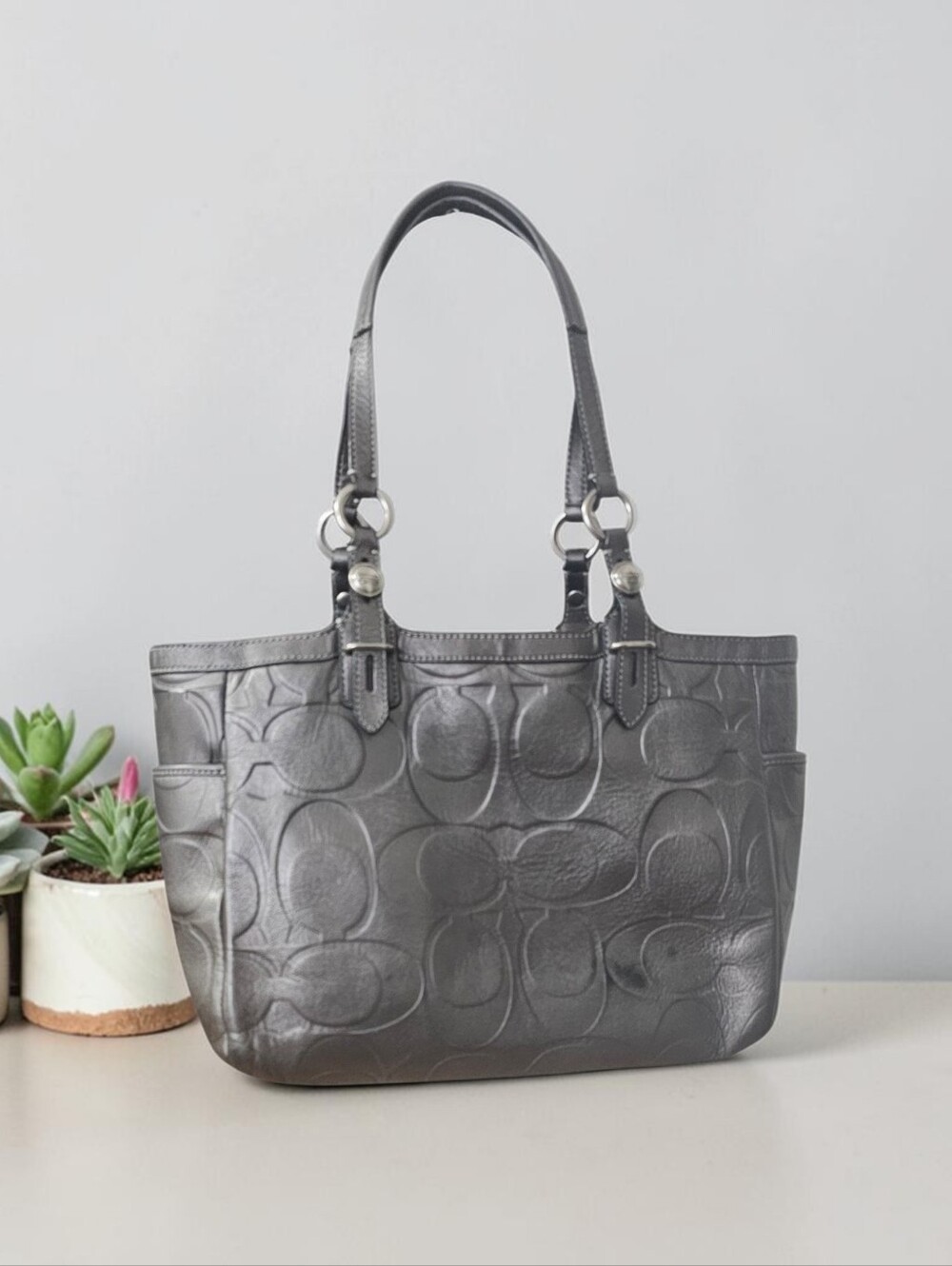 Coach F15242 Metallic Signature Leather Gallery Tote Gunmetal - Picture 3 of 11